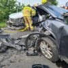Wypadek na DW 458 pomiędzy Lewinem Brzeskim a Skorogoszczą. LPR zabrał poszkodowaną kobietę w ciąży do szpitala.