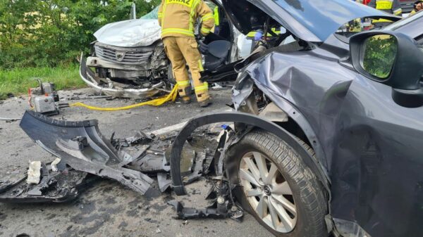 Wypadek na DW 458 pomiędzy Lewinem Brzeskim a Skorogoszczą. LPR zabrał poszkodowaną kobietę w ciąży do szpitala.