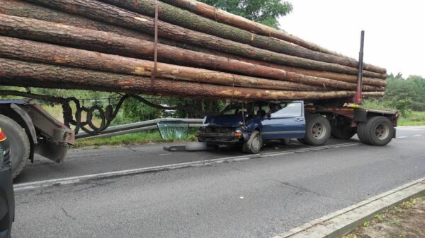 Scena jak z filmu "szybcy i wściekli" na Opolszczyźnie. Volkswagen przewleczony pod naczepą ciężarówki z drzewem.(Wideo)