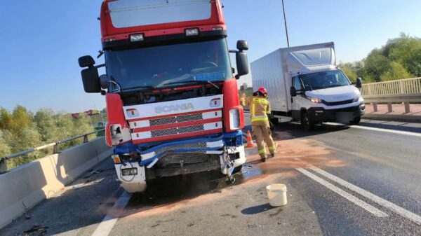 Zderzenie dwóch ciężarówek na obwodnicy Opola na moście nad Odrą.