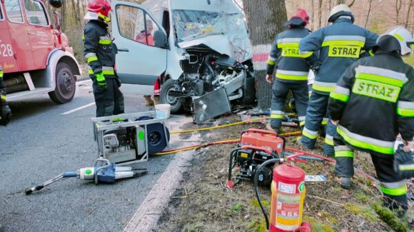 Kierujący busem wjechał w drzewo. Osoba zakleszczona w pojeżdżenia na miejscu lądował LPR Ratownik23.