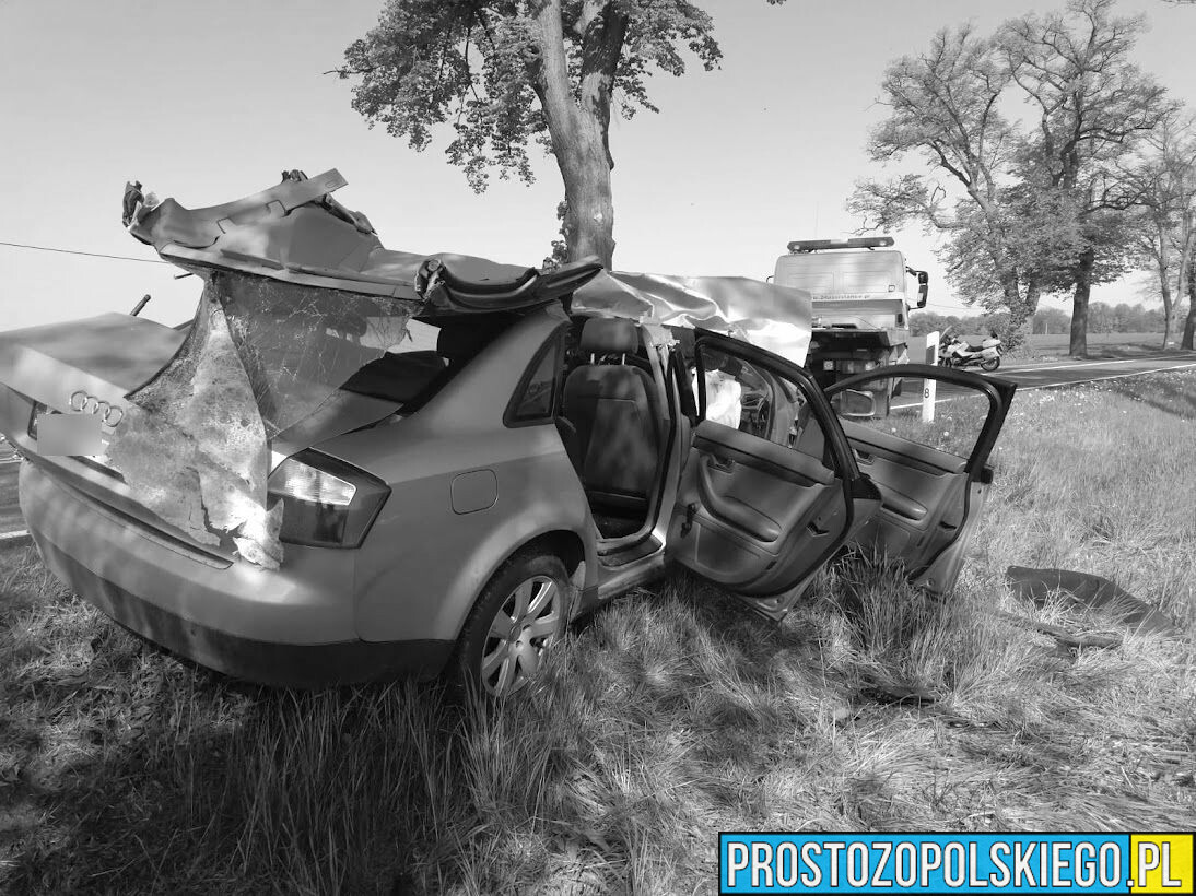 Wypadek śmiertelny w miejscowości Piorunkowice. Kierujący audi z niewyjaśnionych przyczyn uderzył w drzewo.(Zdjęcia)