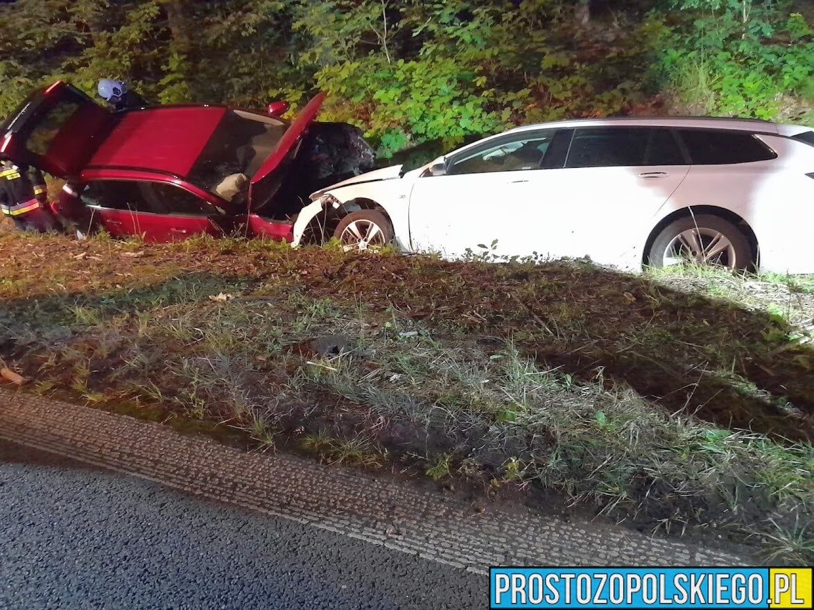 Wypadek w Ligocie Prószkowskiej .Czołowe zderzenie dwóch aut ,które po zderzeniu wpadły do rowu.