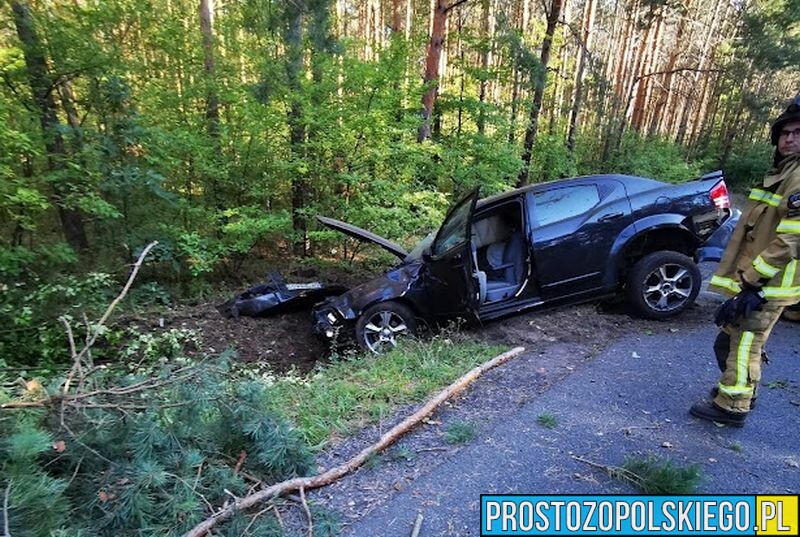 Wypadek w Kątach Opolskich. Kierujący dodge stealth stracił panowanie nad pojazdem i wjechał w drzewo.