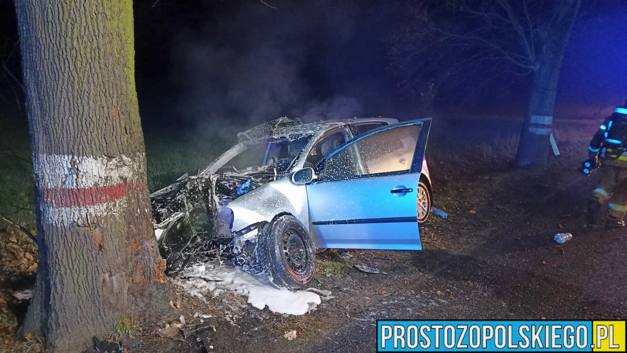 Wypadek w Krępnej koło Krapkowic. Kierujący autem zjechał z drogi , uderzył w drzewo i zapalił się.