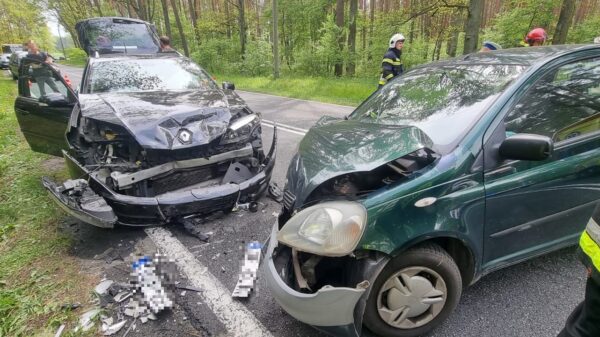 Czołowe zderzenie dwóch samochodów na DK45 w Jasieniu. Jedna osoba poszkodowana.