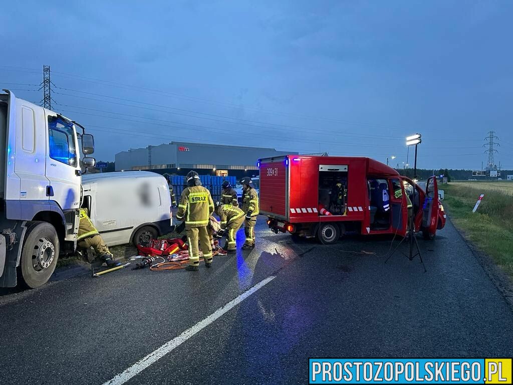 Zderzenie czołowe ciężarówki z osobówką na DW 423 w Kątach Opolskich.