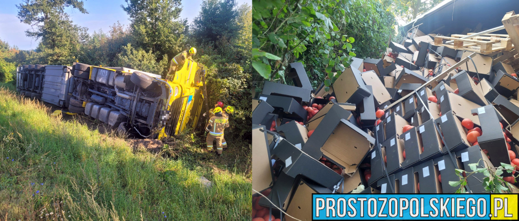 Przewróciła się ciężarówka przewożąca pomidory na KD11 w miejscowości Kostów.