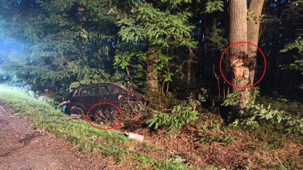 Wawelno-Prądy: kierujący autem na łuku drogi stracił panowanie nad pojazdem i uderzył w drzewo. Z samochodu wyleciał silnik.(Zdjęcia)