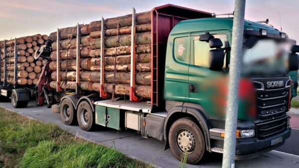 60-tonowiec z niesprawnymi hamulcami przewoził drewno. Został zatrzymany przez inspektorów z WITD.