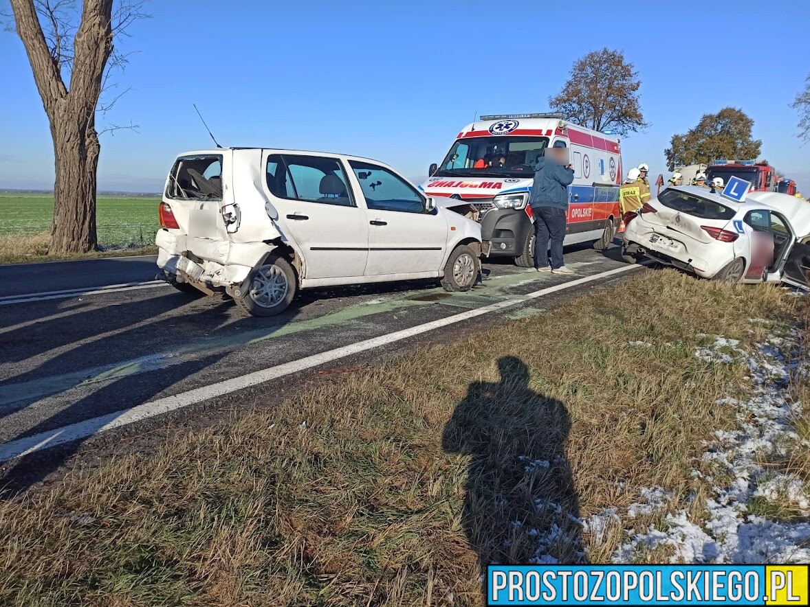 Zderzenie busa, osobówki i auta nauki jazdy na DK45 Jasienie-Kuniów koło Kluczborka.(Zdjęcia)