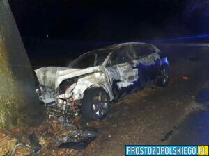 wypadek, pożąr samochodu, uderztył w drzewo i zapalił się, pożąr auta, spalone auto, autem w drzewo, pożar samochodu osobowego, prostozopolskiego.pl, 