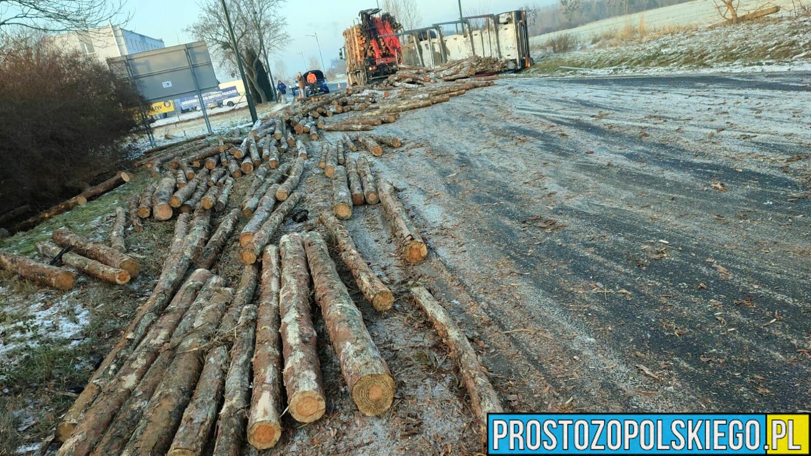 Ciężarówka przewożąca bale wywróciła się na jezdni w Strzelcach Opolskich.(Zdjęcia)