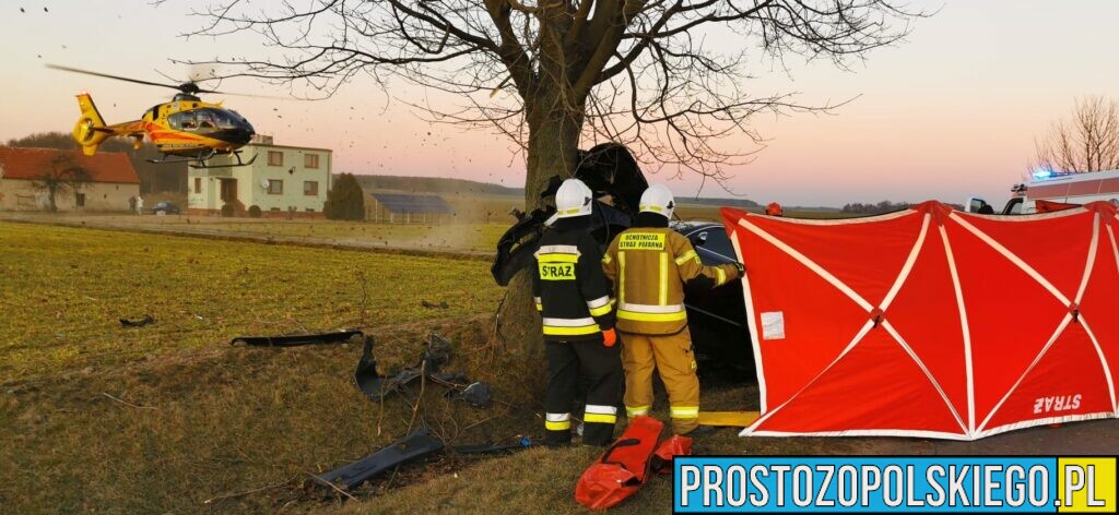Groźny wypadek w miejscowości Smogorzów w powiecie namysłowskim. Kierujący audi wjechał do rowu i uderzył w drzewo. Na miejscu lądował LPR Ratownik23(Zdjęcia)