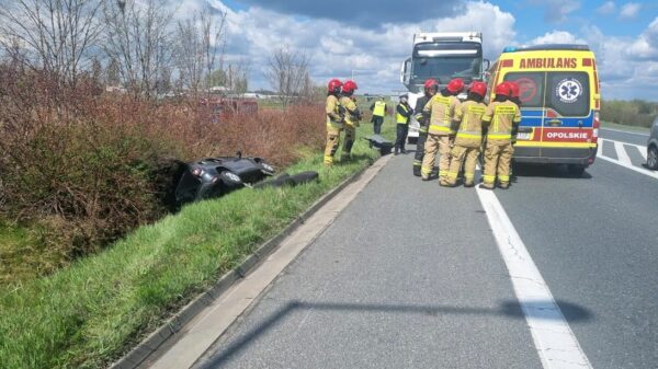 Kierujący autem wjechał do rowu na obwodnicy Opola. Mężczyzna został zabrany do szpitala.(Zdjęcia)