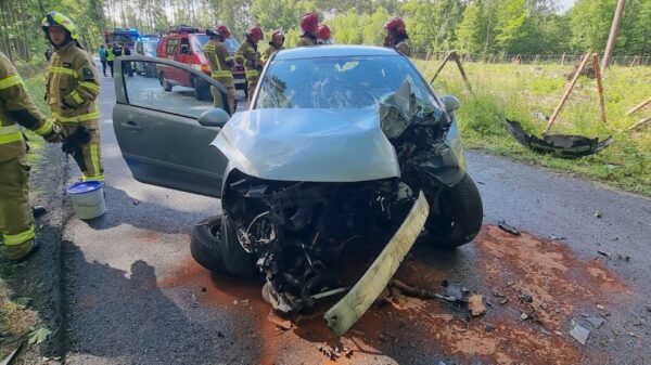 Wypadek na trasie Grabice-Radomierowice. Uderzenie było tak duże że z auta wyleciał sinik.(Zdjęcia)