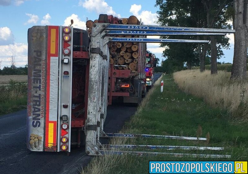 Duże utrudnienia na DW 462 pomiędzy Łosiowem a Janowem. Przewróciła się przyczepa ciężarówki przewożąca drzewo.(Zdjęcia)
