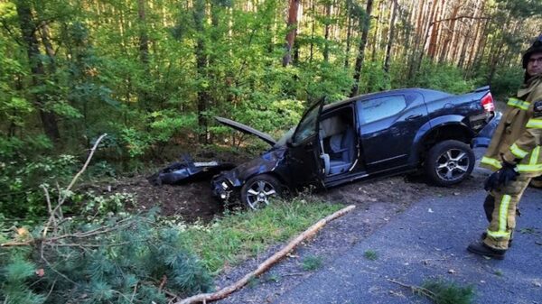 Wypadek w Kątach Opolskich. Kierujący dodge stealth stracił panowanie nad pojazdem i wjechał w drzewo.