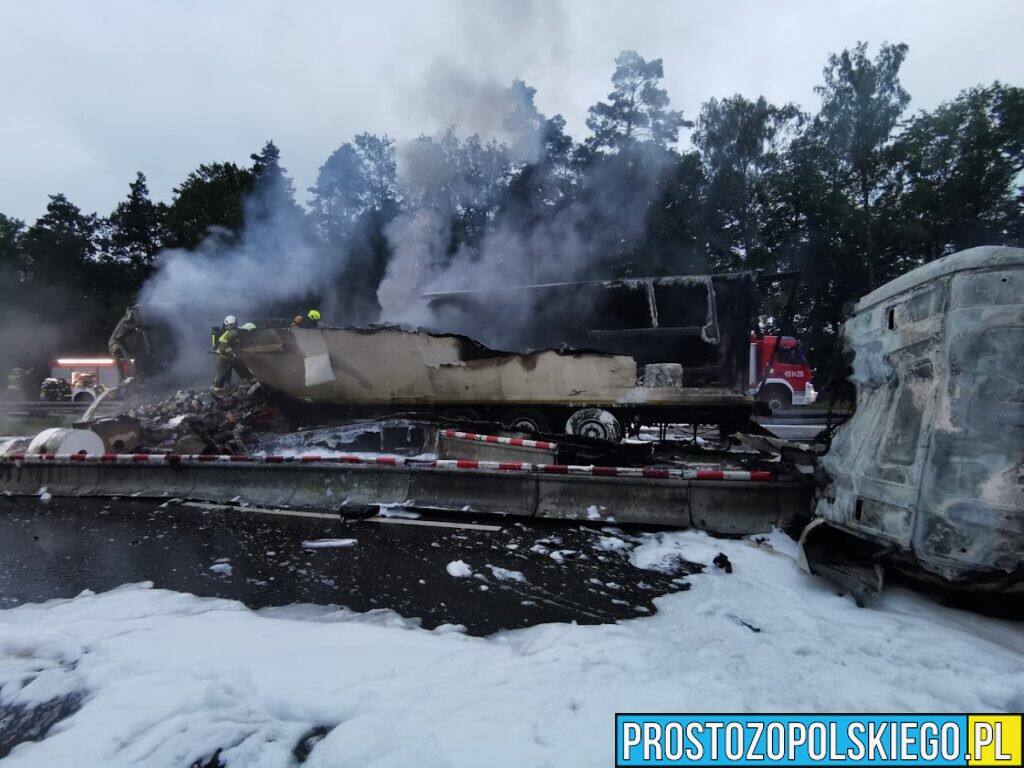 Śmiertelny wypadek na autostradzie A4.Doszło tam do zderzenia dwóch ciężarówek, które się zapaliły.(Zdjęcia)