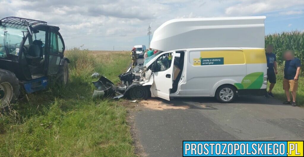 19-latek jadący dostawczakiem zderzył się czołowo z specjalistyczną maszyną (ładowaczem).