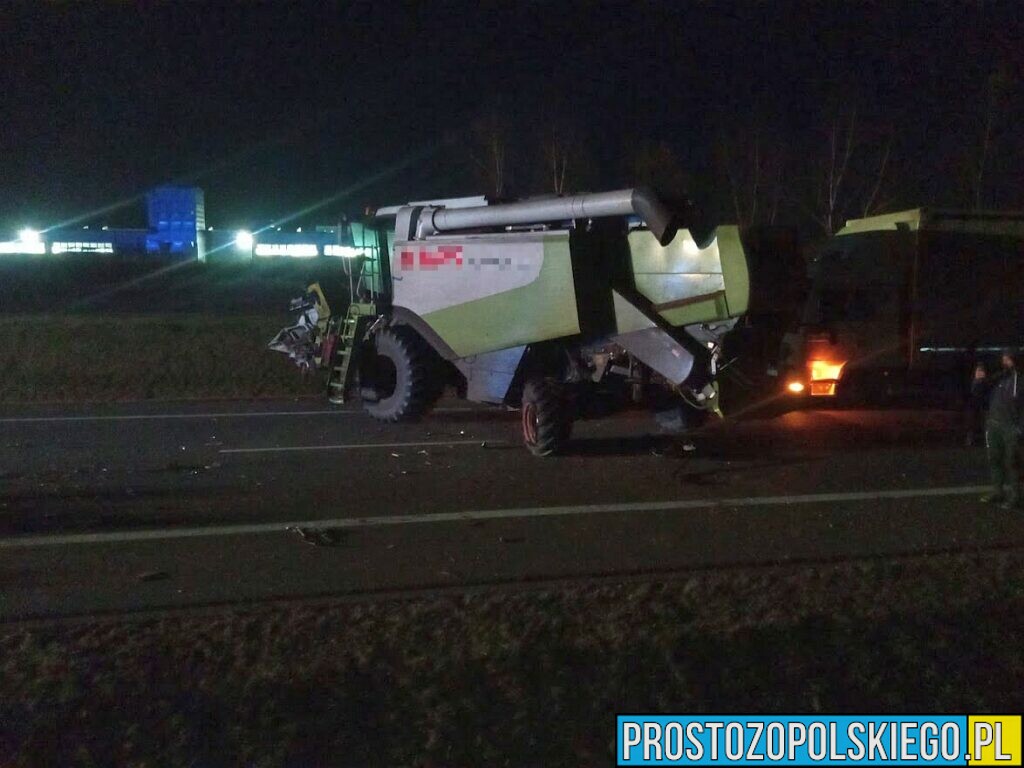 Wypadek śmiertelny na DK46 na obwodnicy Dobrodzienia. Osobówka wjechała w kombajn. Jedna osoba nie żyje.(Zdjęcia)