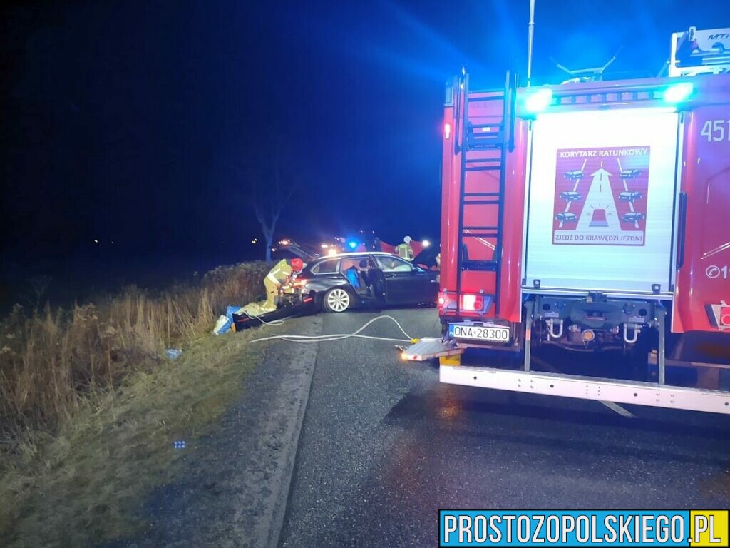 Zderzenie BMW z ciężarówką na DW451 w miejscowości Wilków koło Namysłowa. Jedna osoba nie żyję.