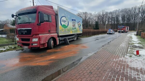 Lasowice Wielkie: Kierujący Man-em wjechał do rowu i w przepust, uszkadzając zbiornik paliwa.