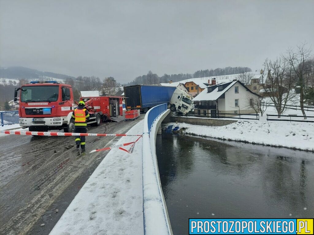 Kierujący ciężarówka wpadł w poślizg i zawisł na barierkach na moście .(Zdjęcia+wideo)