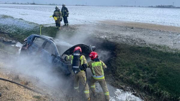 Na obwodnicy Kędzierzyna-Koźla samochód osobowy ściął latarnię, a następnie stanął w płomieniach.(Zdjęcia)