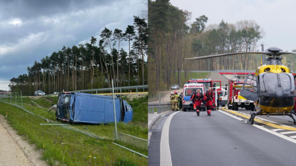 Bus spadł ze skarpy na obwodnicy Kędzierzyna-Koźla . Na miejscu lądował LPR.(Zdjęcia)