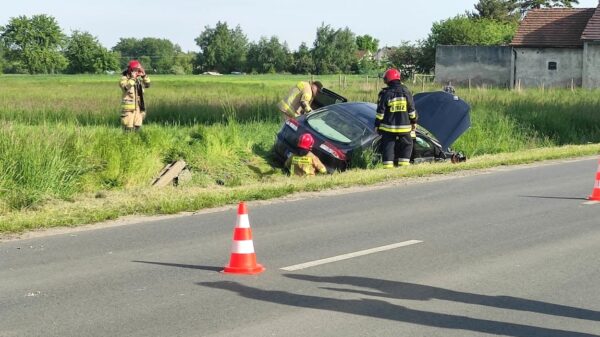 Ochodze: kierujący autem uderzył w słup i zakończył jazdę w rowie. Mężczyzna jechał z dzieckiem