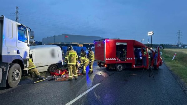 Zderzenie czołowe ciężarówki z osobówką na DW 423 w Kątach Opolskich.