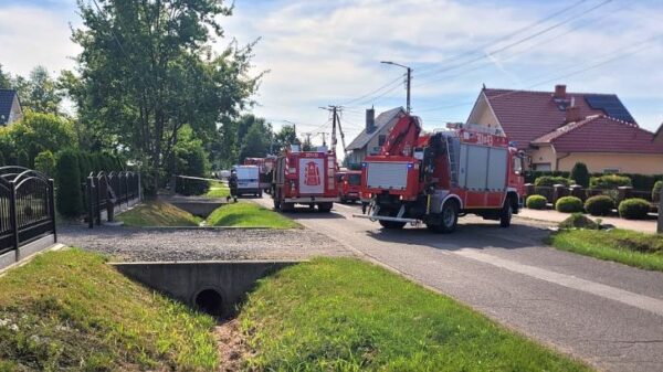 Operator koparki uszkodził rurę z gazem w Niemodlinie. Na miejscu 6 zastępów straży.