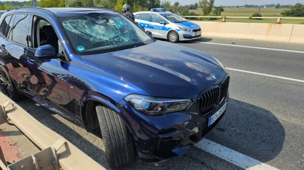 Z jadącej ciężarówki odkręciło się koło, które uderzyło w bmw. Autem podróżowała rodzina z dzieckiem.(Zdjęcia)