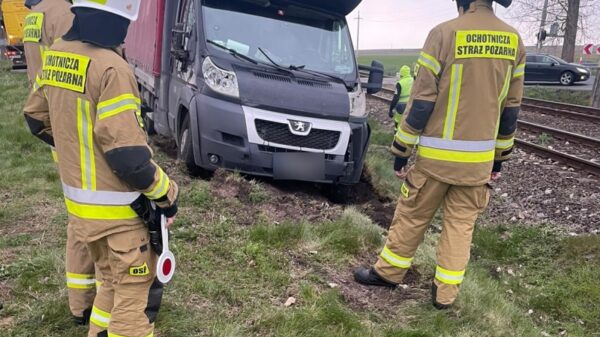 Samochód dostawczy wjechał do rowu w pobliżu torowiska w miejscowości Dziedzice. (Zdjęcia)