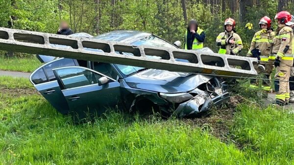 Kierujący BMW wjechał w słup energetyczny w Dobrzeniu Wielkim.(Zdjęcia)