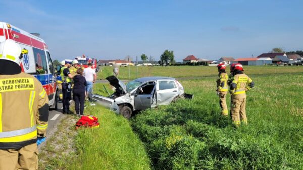 Wypadek na trasie trasie Grodzisko - Rozmierka w powiecie strzeleckim. Kierującą 22-latka zabrana do szpitala. (Zdjęcia)