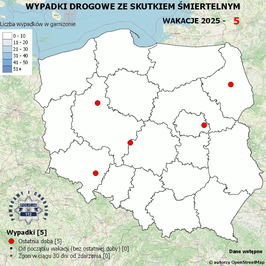 Policyjna mapa wypadków drogowych ze skutkiem śmiertelnym – Wakacje 2025