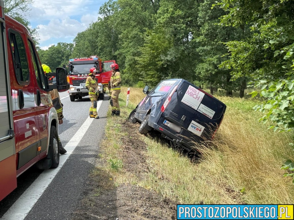 Wypadek na DK46 w Dąbrowie. Samochód dostawczy wylądował w rowie – kierowca z Austrii nie odniósł obrażeń