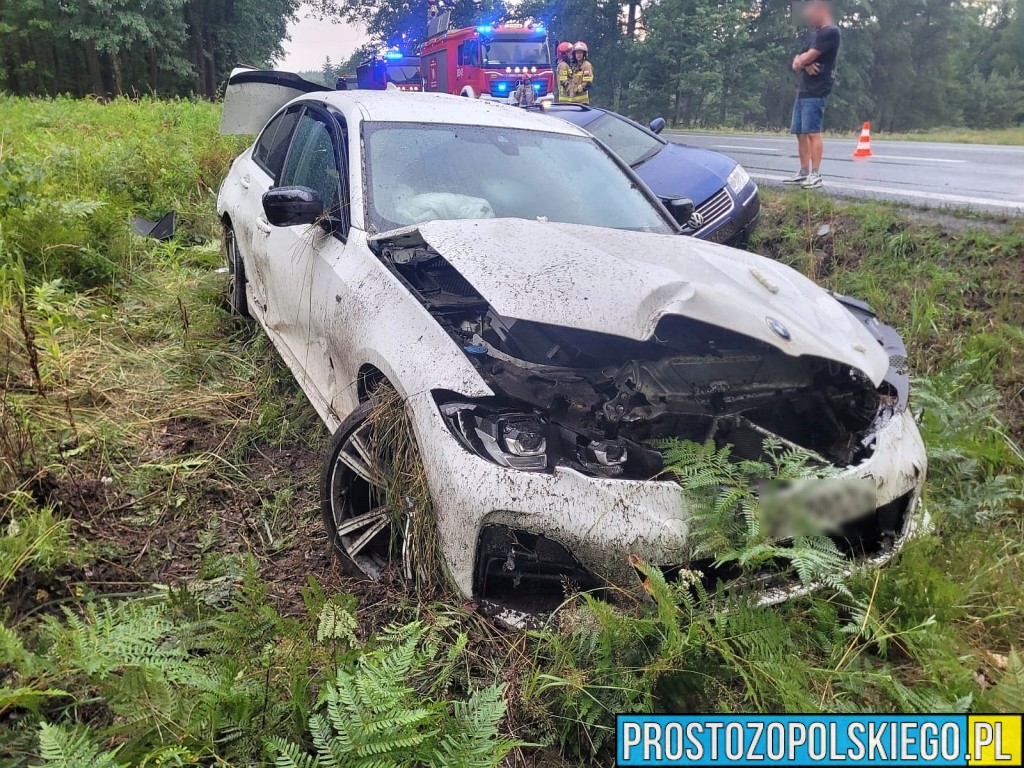 wypadek wypadek dąbrowa, wypadek bmw, kierowca bmw, wypadek w lesie, droba zablokowana,