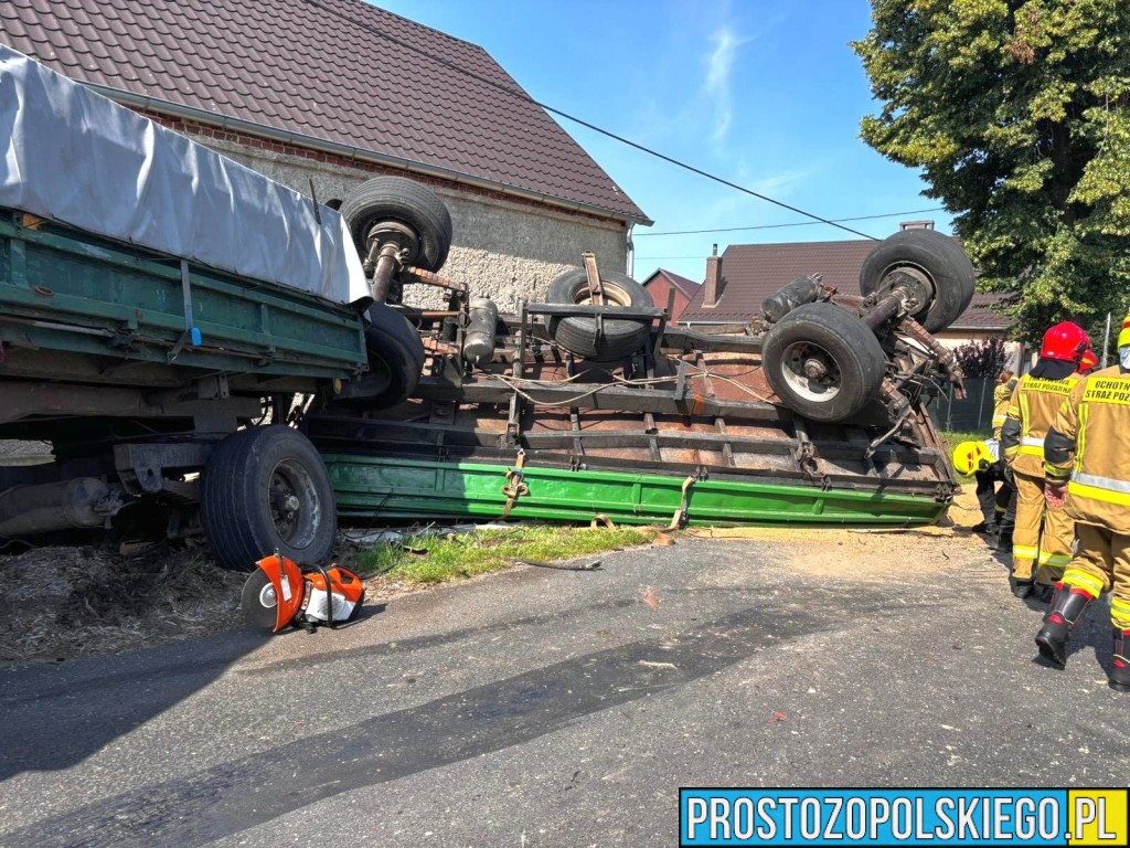 Wywrotka ciągnika z ładunkiem zboża w gminie Namysłów – obyło się bez rannych