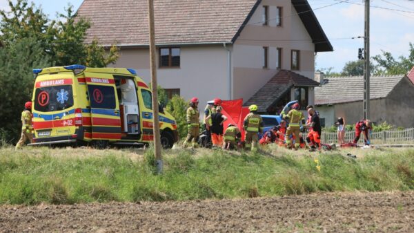 Poważny wypadek na DK94 w Skarbiszowie. Volkswagen zderzył się z ciężarówką, kierowca i dziecko zabrani do szpitala
