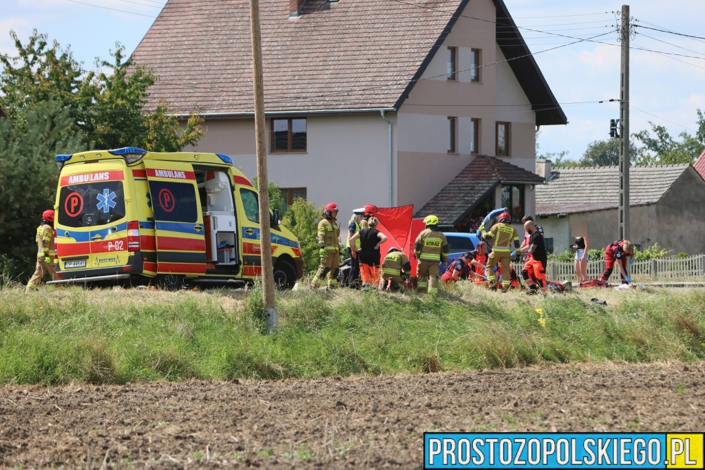 Poważny wypadek na DK94 w Skarbiszowie. Volkswagen zderzył się z ciężarówką, kierowca i dziecko zabrani do szpitala