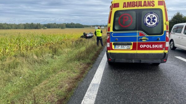 Wypadek na DK46 w Dąbrowie – dachowanie samochodu. Dziecko zabrane do szpitala