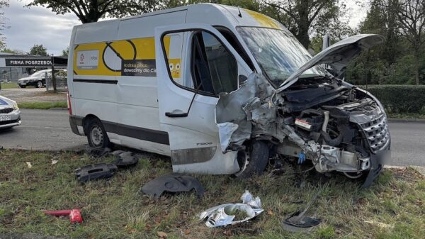 Wypadek na ul. Cmentarnej w Opolu. 22-latek wjechał dostawczakiem w drzewo. Pasażerka zabrana do szpitala