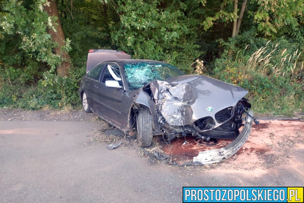 Wypadek drogowy w powiecie krapkowickim. BMW rozbiło się na drzewie