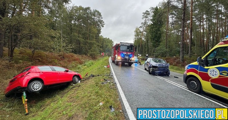 Wypadek na DK45 pomiędzy Bierdzanami a Trzebiszynem. Dwie osoby ranne po czołowym zderzeniu