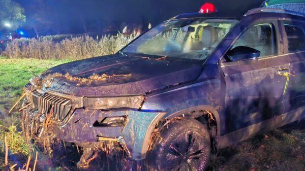 Samochód wjechał do stawu w Borkach Wielkich. Kierowca nie mógł się wydostać