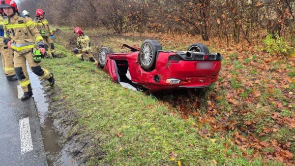 Dachowanie samochodu między Kalinowem a Rożniątowem – 77-latek trafił do lekarza na obserwację
