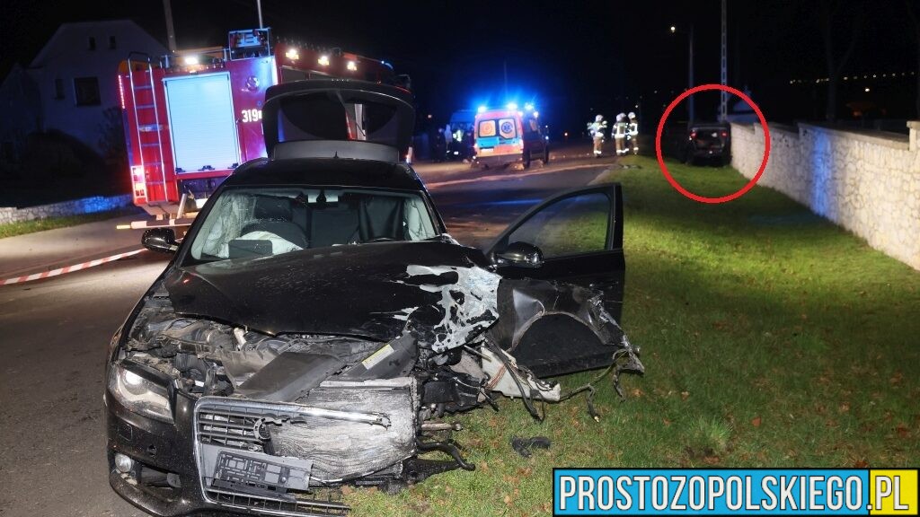 Poważny wypadek w Zimnicach Wielkich. Mercedes przewrócony na bok po zderzeniu z audi. Dwie osoby zabrane do szpitala